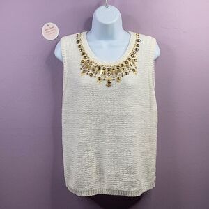 Alfred Dunner Cream Sweater Embellished With Gold sequins Beading Size MP